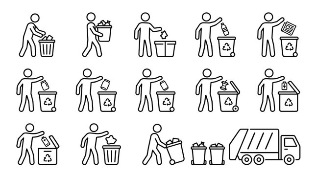 Waste sorting and recycling concept, stick figure environmental sustainability trash disposal vector illustration set