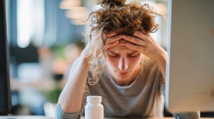 Fototapeta premium Young Woman Suffering From Headache Or Migraine Holding Her Head In Pain At Desk With Pills Bottle