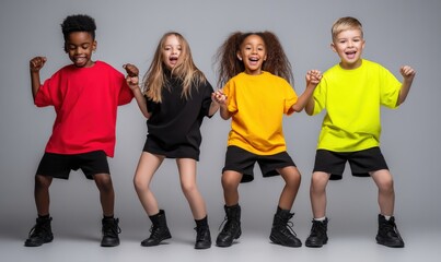 Obraz premium Energetic diverse group of children dancing enthusiastically in brightly colored t-shirts and black shorts