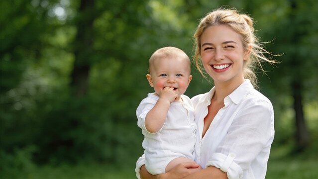 Happy young mother holding cute baby outdoors in nature park, smiling family lifestyle and parenting concept