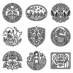Obraz premium Collection of Nine Unique Norse Mythology Inspired Line Art Illustrations.