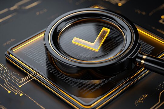 Magnifying glass with glowing checkmark over digital circuit board, symbolizing verification and technology