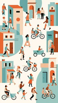 Urban street scene with diverse people commuting and carrying bags in flat style.