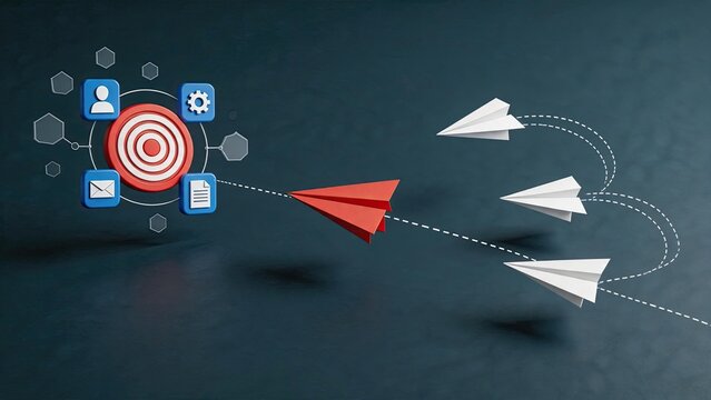 Red paper airplane leading white planes towards target goal, business strategy leadership concept with icons representing communication, settings, and documents on dark background.