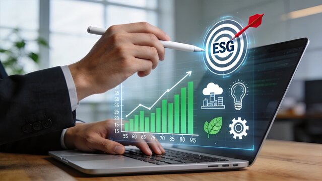 Hand pointing to ESG target on laptop screen with green bar chart, corporate sustainability and environmental social governance business strategy concept in modern office.
