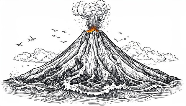Erupting volcano with orange lava by the ocean sketch.
