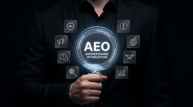 Businessman holding magnifying glass with AEO Answer Engine Optimization icons