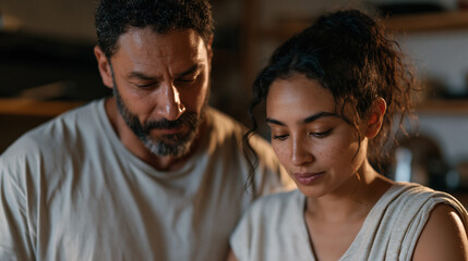 Fototapeta premium A father in a low-income apartment teaches his daughter to stretch rice and beans across multiple meals, both of them focused on the stovetop, the cramped kitchen lined with
