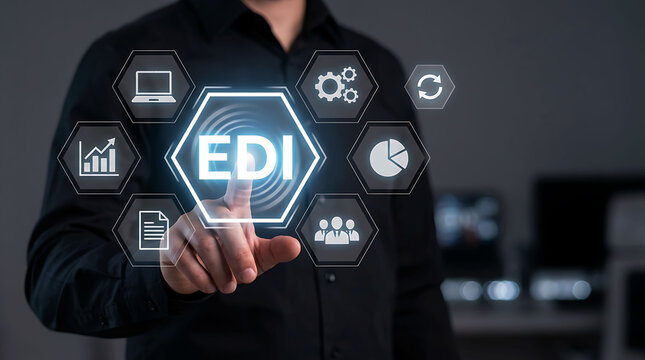 Businessman pointing at EDI electronic data interchange screen on virtual interface