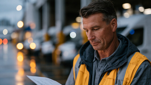 Electric vehicle fleet manager standing in a large municipal charging depot at dusk, rows of cargo vans plugged into Level 2 stations, rain soaked streets reflecting charging