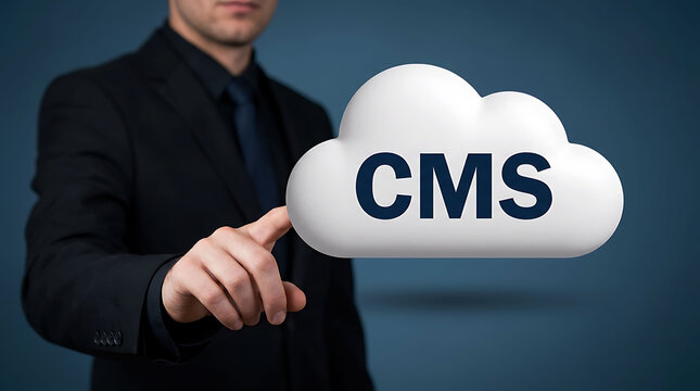Businessman pointing to CMS cloud icon for content management system technology