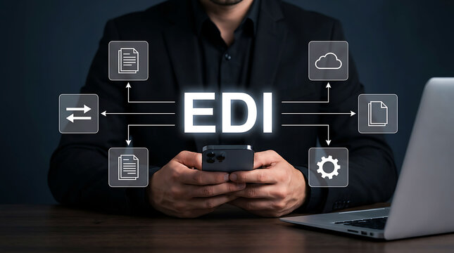 Businessman holding smartphone with EDI electronic data interchange system icon concept