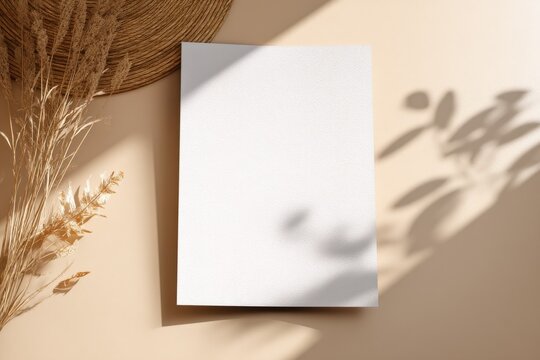 Blank white paper template with natural shadow overlay and dried grass accents on beige background