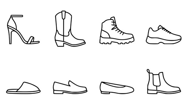 Footwear Line Icon Set Featuring High Heels Cowboy Boots Sneakers Loafers Flats Slipper and Chelsea Boots for Fashion Retail Apps and Websites