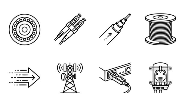 Fiber Optic Telecommunication and Network Hardware Line Icon Set with Cable Connector Reel Signal Tower Splice Box and Data Transfer Outline Vector Elements