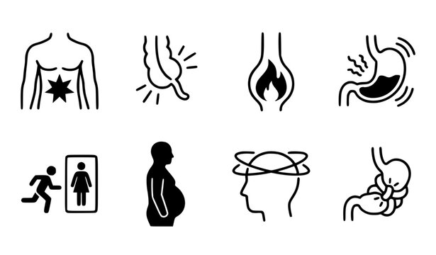 Stomach Ache and Digestive Problems Icon Set with Abdominal Pain Heartburn Nausea Diarrhea Bloating Acid Reflux and Gastroenterology Medical Outline Symbols
