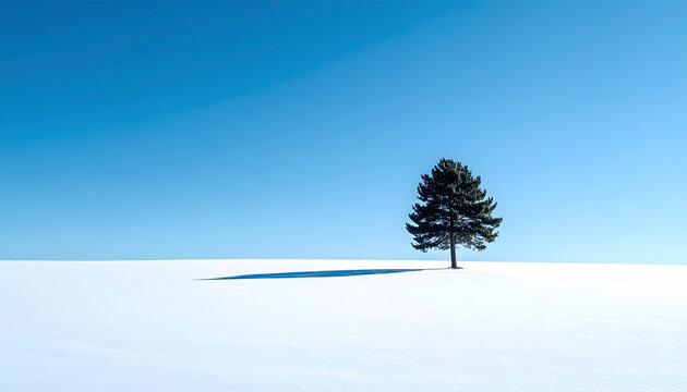 Single pine tree standing alone in vast snow field under blue sky