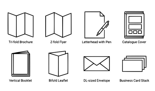 Corporate Stationery and Print Media Layout Icon Set with Brochure Flyer Letterhead Catalogue Booklet Envelope and Business Cards Outline Vector Symbols
