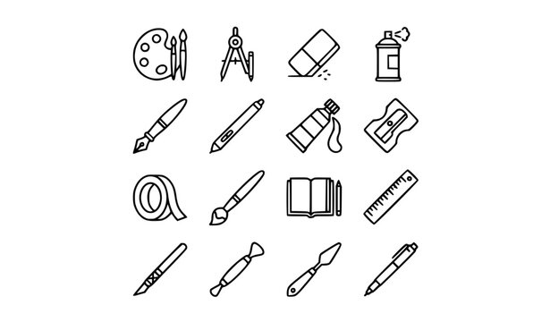 Fine Art and Graphic Design Studio Tool Icon Set with Palette Brushes Pen Ruler Compass Eraser Paint Tube Vector Outline Symbols