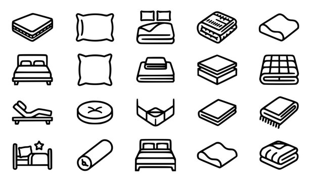 Bedroom Bedding and Mattress Orthopedic Line Icon Set with Pillow Blanket Folded Sheets Quilt and Bed Furniture Symbols for Interior Home Decor