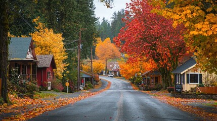 Obraz premium A sleepy rural town during autumn, with trees turning vibrant colors and streets lined with family-owned shops.