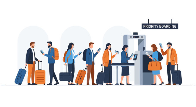 Travelers queuing at airport check-in with luggage and mobile phones