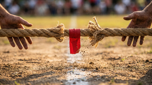 Tug war rope hand competition outdoor sport dirt field red flag dramatic contest as hands grip rough rope during tug of war