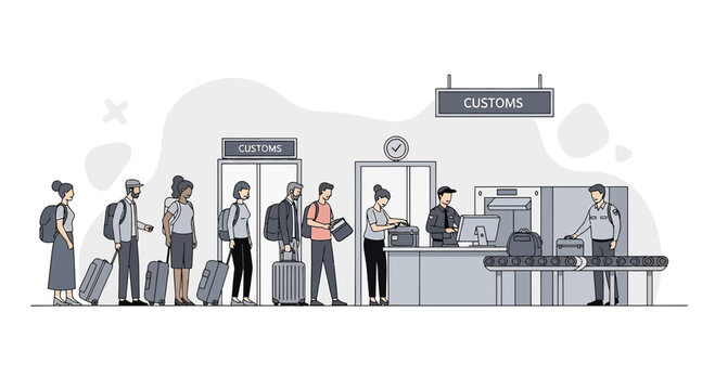 Travelers queuing at airport customs counter, illustration