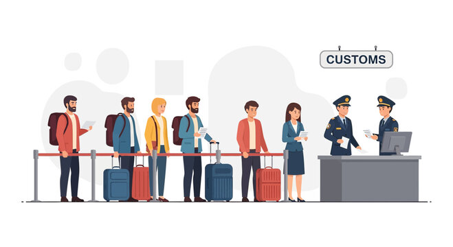 Travelers queuing at airport customs inspection desk with luggage