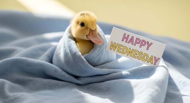 Adorable Yellow Duckling Wrapped in Soft Blue Cloth with Happy Wednesday Card