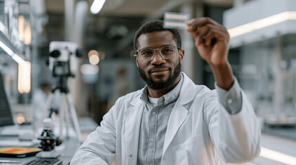 Obraz premium Academic researcher in a university lab holding a flexible thermoelectric film sample up to overhead light, examining its layered composite structure, thermal imaging camera