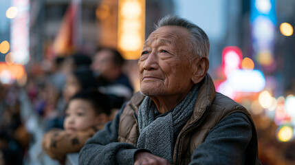 Fototapeta premium Elderly man in a padded vest watching a dragon dance from a crowded balcony above the street during a Chinese New Year parade while grandchildren lean over the railing beside him