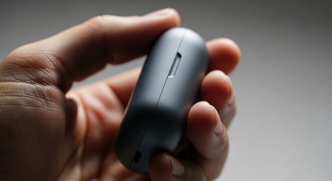 Close up view of a hand holding a compact modern matte gray charging case for wireless audio devices showcasing minimalist sleek tech design