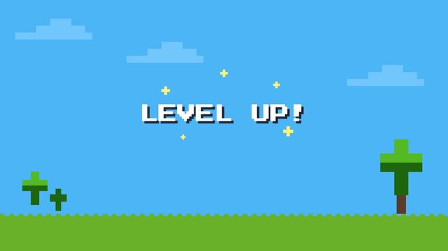 Pixel art level up text animation with retro 8-bit game landscape and sparkling cross particles