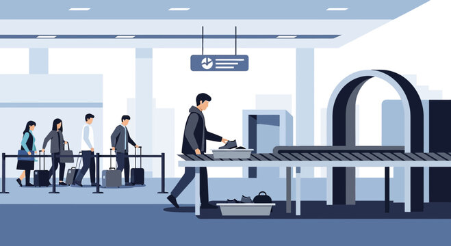 Airport security check, passengers queueing for scanning luggage at checkpoint
