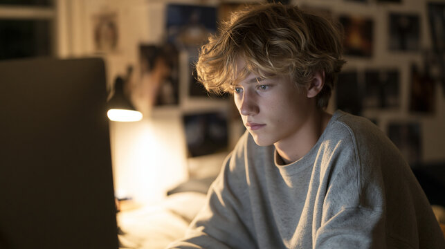 A teenage boy alone in his bedroom, face lit by a monitor glow, surrounded by printouts of increasingly extreme online content pinned to the wall, his posture withdrawn and