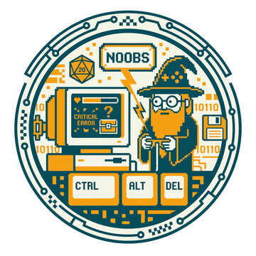 Retro pixel wizard playing video games encounters a critical error
