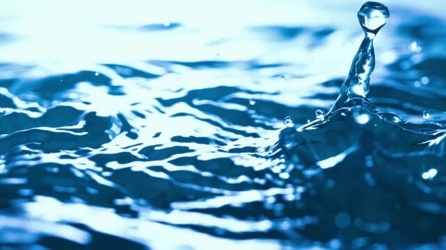 A mesmerizing slow motion capture of clear blue water as droplets create a dynamic and rhythmic splash pattern on the surface.