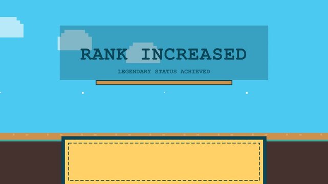 Pixel art achievement screen with rank increased text and filling progress bar on 8-bit retro gaming background video