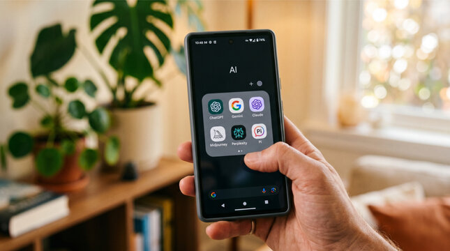 Handheld smartphone displaying various popular Artificial Intelligence AI chatbot application icons like ChatGPT, Gemini, Claude, Midjourney, Perplexity and Pi in a modern home office with plants