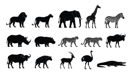 Fototapeta premium Collection of black silhouette animal illustrations including lions elephants giraffes rhinos leopards baboons crocodile