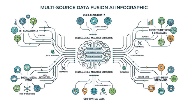 Data fusion infographic with interconnected nodes representing information sources and a central brain structure