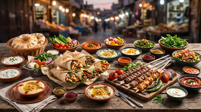 Assorted Middle Eastern Halal Street Food Platter Display on Rustic Wooden Table