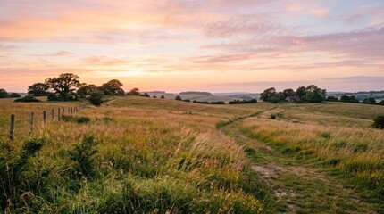 Fototapeta premium Serene countryside path through lush grassy fields at sunset with vibrant pink and orange sky hues