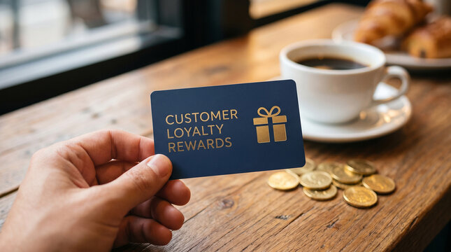 Hand holding a dark blue customer loyalty rewards card with gold lettering and gift icon