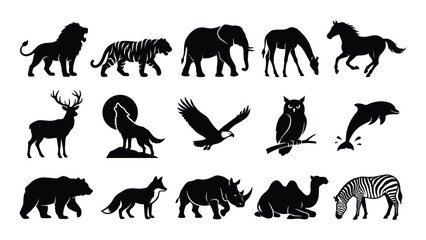 Obraz premium Silhouettes of wild animals including lions tigers elephants wolves owls dolphins and more in a black