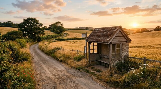 Rustic bus stop on a winding rural path with golden fields at sunset, trees, and cloudy sky