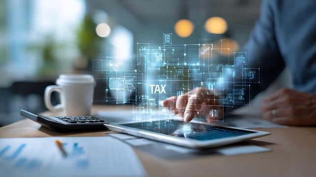 Business person interacting with a digital tax interface, laptop, and smartphone