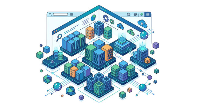 Isometric server farm architecture with network connections and cloud icons