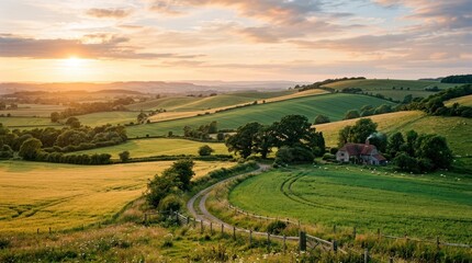 Naklejka premium Rolling green hills, a winding path, and a picturesque sunset create a serene countryside scene